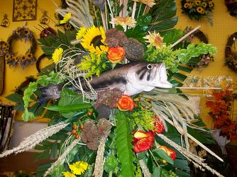 Standing spray of fresh flowers with large bass from Bunn Flowers & Gifts, local florist in Pittsburg, TX