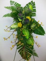 Standing spray of kale, kangaroo paw and mixed greenery from Bunn Flowers & Gifts, local florist in Pittsburg, TX