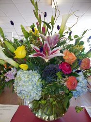 Vase of mixed high-style flowers from Bunn Flowers & Gifts, local florist in Pittsburg, TX