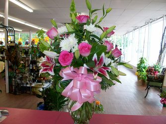 Mixed Vase Arrangement in Pinks from Bunn Flowers & Gifts, local florist in Pittsburg, TX