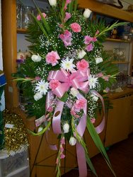 Standing spray of pink and white fresh flowers from Bunn Flowers & Gifts, local florist in Pittsburg, TX