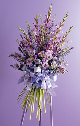 Standing mixed spray of gladiolas and assorted fresh flowers from Bunn Flowers & Gifts, local florist in Pittsburg, TX